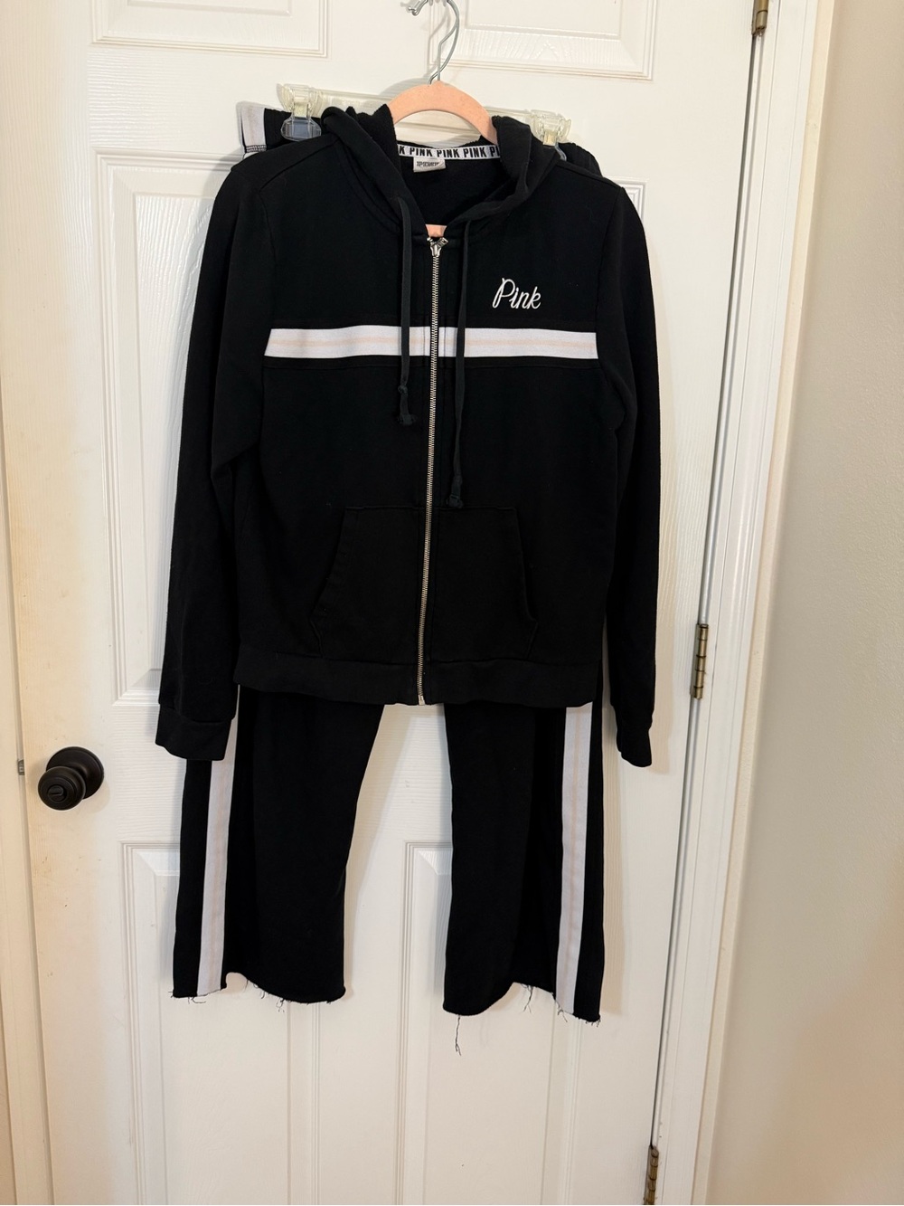 PINK Victoria's Secret Black Zip-Up Hoodie with White Stripe set